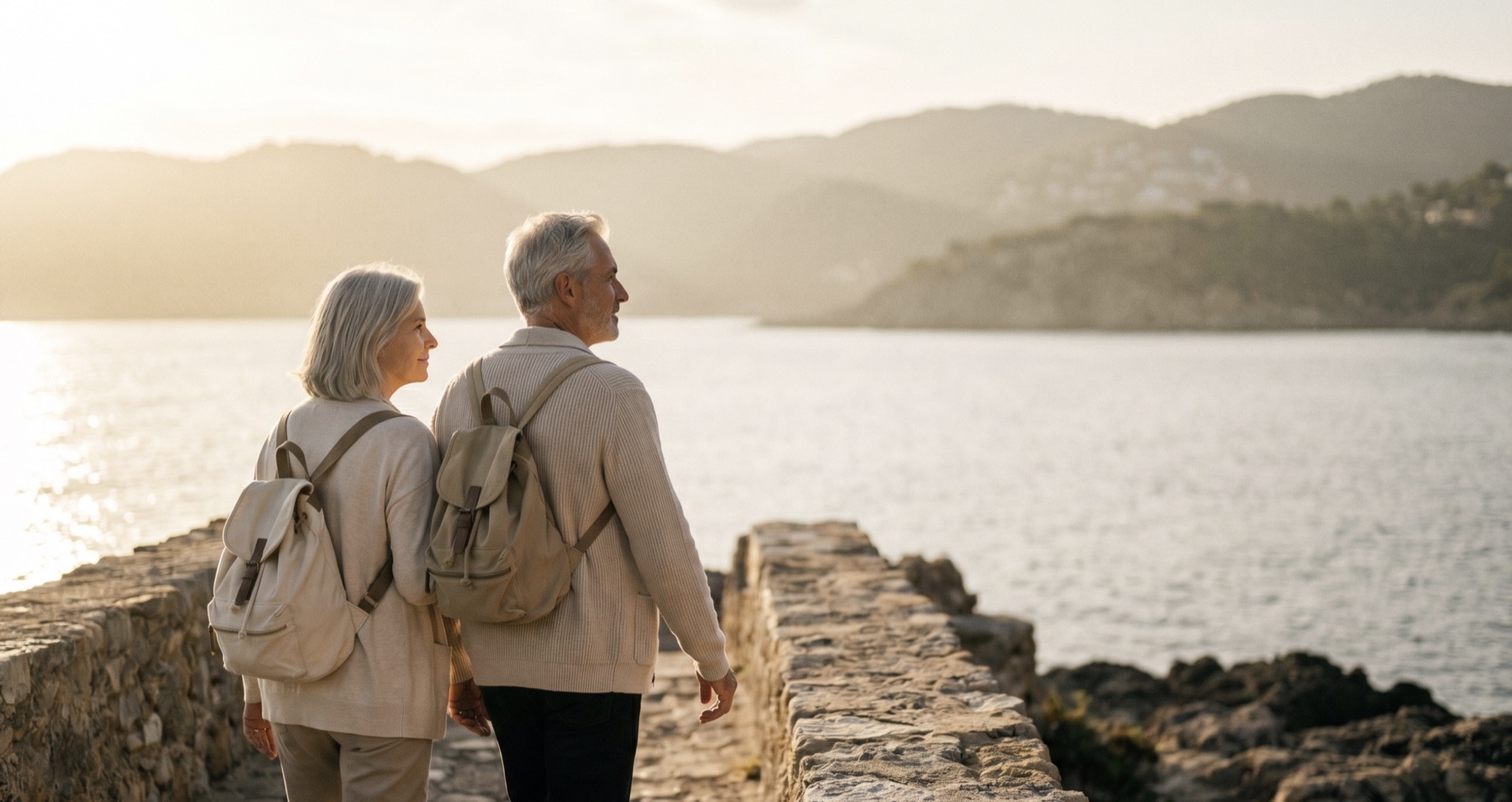 Active couple in their sixties walking a coastal path at sunset